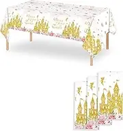 OQOQ Princess Tablecloths (3 Packs), 54x108 Inch Pink Birthday Decorations Plastic Rose Castle Once Upon A Time Themed Table Cloth Disposable Rectangle Table Cover for Girls Birthday Party Supplies