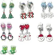 Christmas Earrings Set, Clip on Earrings for Kids and Dangle Drop Earrings with Festive Designs, Snowflake, Tree, Gift Box, Penguin, Heart, Santa Claus