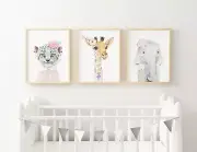 Nursery Wall Art Prints Jungle Watercolour floral baby girl decor set of three