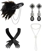 [Niaspi] 1920s Flapper Bridal Gatsby Stretchy Lace Headband Rhinestone Peacock Green Earrings Faux Pearl Necklace Feather Tassel Chain Head Band Accessories Jewelry Set for Women, One Size, Fabric