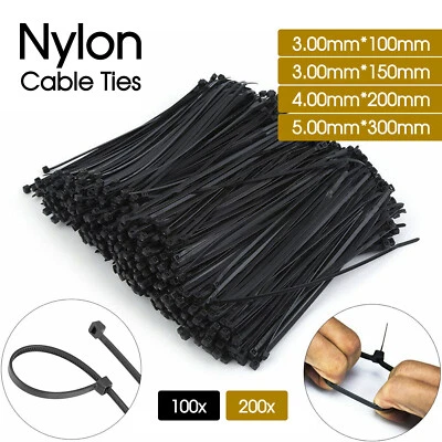 100/200x Cable Ties Zip Ties Nylon UV Stabilised Bulk Black Cable Tie
