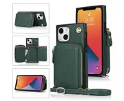 For iPhone 13 Case with Lanyard Zipper Wallet Cover - Dark Green