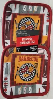 2 Same Printed Kitchen Pot Holders (7"x7") BBQ, BARBEQUE GRILL IN SQUARE, GR