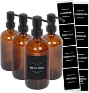 Harbour Housewares Glass Soap Dispensers with Labels - Amber/Black - 4 Pack - 500ml Refillable Soap Dispensers Hand and Dish Liquid Pump for Bathroom, Kitchen, Laundry Room