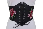Women Waist Wide Black Corset Elastic Travel Cruise Fashion Belt Red Flowers S M