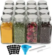 16 Pack 6 Oz Glass Spice Jars with 80 Black Labels,180Ml Empty Square Spice Cont