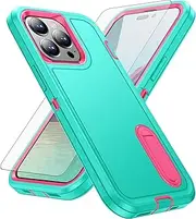 Asuwish Phone Case for iPhone 15 Pro Max 6.7 inch with Screen Protector Cell Cover Hybrid Hidden Stand Rugged Shockproof Hard Heavy Duty Protective i Phone15 15Pro i15 ProMax 15ProMax (Cyan+Rose Red)