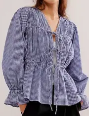 NWT Nigel Preston x Free People Poplin Cinched Med Blue White Gingham Tie Jacket