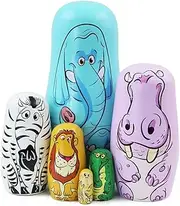Winterworm Set of 6 Animal Nesting Dolls Elephant Hippo Zebra Lion Crocodile Monkey Matryoshka Russian Nesting Dolls Kids Stacking Toys for Home Decor New Year Birthday Party Decoration Gift
