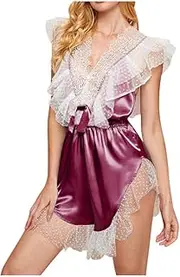 [KSDFIUHAG] Women's Exotic Dresses Erotic Womens Lingerie V-Neck Satin Lacey Nightdress Bodysuit Porno Backless Sleepwear Baby Underwear Pajamas-Wine_S