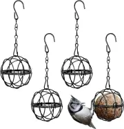 Zhenv 4pcs Hanging Bird Feeders Metal Bird Grease Ball Holder Indoor Outdoor Black 7cm Diameter Food Dispenser With 4 S-shaped Hooks