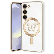 For Samsung Galaxy S25/S24 Butterfly Design MagSafe Magnetic Case with HaloLock Shockproof Military Grade Protection Scratch Resistant Back Protective Cover (White)