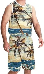 [KQNZT] Basketball Jersey with Shorts, Custom Basketball Jersey, Mens Basketball Jerseys, Hawaiian Island Coconut Tree Sea