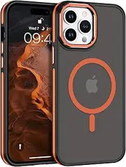 DUEDUE for iPhone 14 Pro Max 6.7" Magnetic Case, [Compatible with Magsafe] Skin-Touch TPU Protective Cover Shockproof Slim Translucent Matte Back Phone Case Cover for iPhone 14 Pro Max, Black/Orange