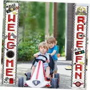 Race Car Banner WELCOME RACE FAN Decoration Set Checkered Flag Porch Sign
