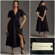 Anthropologie The Katerina Button Front Dress Puff Sleeves Black XS NWT $178