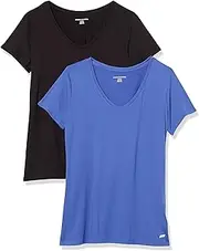 [Amazon Essentials] Women's Tech Stretch Short-Sleeve V-Neck T-Shirt (Available in Plus Size), Pack of 2, Black/Bright Blue, X-Large