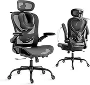 LarkLeaves Ergonomic Chair with Neck Pillow & 3D Headrest,Office Chair with Coat Hanger & Rubber Wheels,Gaming Chair with 2D Lumbar Support & Flip Up Arms,Computer Chair Mesh Cushion & Backrest, Black