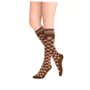Womens Girls Knee High Socks Novelty Argyle One Size Checkerboard Coffee Brown