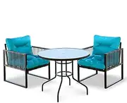 ALFORDSON Outdoor Patio Bistro Set with UV-Resistant PE Wicker, Conversation Set with 2X Armchairs and R90x70cm Coffee Table, Lounge Chair & Side Table with Water-Resistant Cushions, Black Blue
