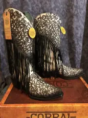 Corral Women's Boots 10.5 White/Black Lamb Overlay, Glitter, Fringe NIB C3877