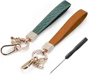 Paifeancodill Leather Keychain Wristlet,2Pcs Leather car Keychain Key Ring Lanyard Accessories,Rhinestone Inlaid Alloy Car Key Chain,360°Rotatable Wrist Fob Keychain Holder,Car Key Chain Cover