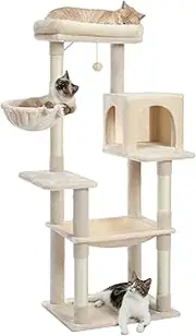 PAWZ Road Cat Tree for Large Cats with a Big Hammock, 143cm Multi-Level Cat Tower Furniture Cat Play House with Sisal Scratching Post and Top Perch Beige