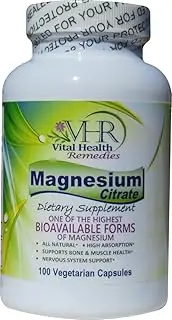 VHR Magnesium Citrate - All Natural - high Absorption - no Artificial fillers or preservatives. 100 Vegetarian Capsules.