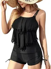 [Okdance] Women's Tankinis Set with Shorts Flounce Design Ladies Tankini Swimwear Sets High Waisted Shorts Tummy Control Pull Rope Adjustment
