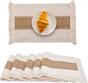 Handmade Boho Placemats Set of 6, Natural Cotton Burlap Heat Resistant Non-Slip Place mats for Dining Table Macrame Décor and Farmhouse Style Placemats, for Dining Table Kitchen