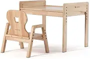 Kaya Primary Adjustable Table and Chair Set ;Solid Wood Kids Table and Chairs; Height Adjustable Montessori Toddler Table and Chairs with Drawer-Bear