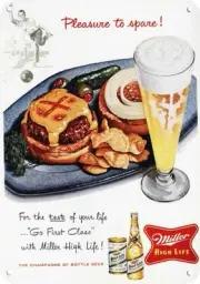 1956 MILLER Beer & Cheeseburger & Bowling DECORATIVE REPLICA METAL SIGN