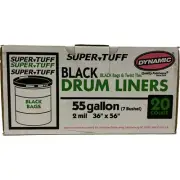 Dynamic 25502 Super Tuff Black Drum Liners, 55 Gallon, 36" x 56", 2mil, 20 Bags