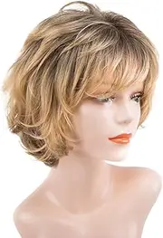 FRCOLOR Short Golden Wig with Bangs Dark Roots Synthetic Hair Wigs Women Short Curly Wigs (Golden Mixed Brown)
