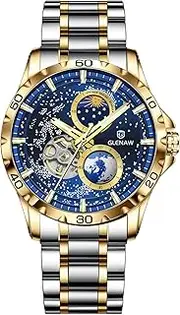 [GLENAW] Automatic Watches for Men, Rotating Earth Multifunctional Men's Mechanical Watch Starry Sky Dial Steel Band Stopwatch Sun Moon Stars Automatic Men's Watch