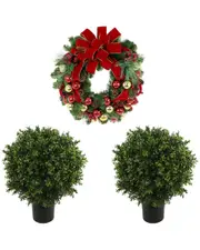 Creative Displays Modern Christmas Set With 26in Holiday Wreath & 2 UV-Rated Boxwood Drop-Ins