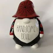 New Rae Dunn Halloween Handsome Devil Gnome Canister Black and Red
