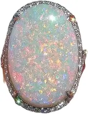 [Wenbin] LRGKMCWTOB Women's Large 925 Silver Fire Opal Gemstone Ring Oval Cut Micro Mosaic Cubic Zirconia Ring Wedding Engagement Ladies Jewelry Size 6-10