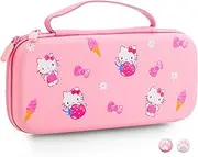 HYPERCASE Pink Travel Carrying Case for Nintendo Switch or OLED, Cute Portable Switch Carry Bag of Hello Kitty with 10 Card Slots & 2 Thump Caps, for NS/OLED Console, Joycon Grip, Accessories Storage