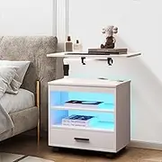 Luxsuite Smart Bedside Table with Wheels LED Night Stand Adjustable Rotatable Laptop Workstation End Desk Human Induction & 2 USB Charge Port Bedroom White