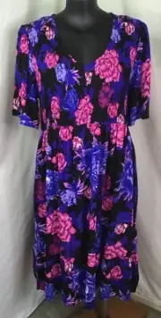 AUTOGRAPH BLACK “FLORAL BRIGHT COLOURS” SHIRRED BODICE POCKET DRESS SZ 22 NEW