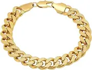 [The Bling Factory] 6.5mm-11mm 14k Yellow Gold Plated Textured Cuban Link Curb Bracelet + Microfiber Jewelry Polishing Cloth