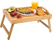 Bamboo Bed Tray With Folding Legs, Serving Handles - Portable Lap Tray for Breakfast, Reading or Working (17.1 Inch)