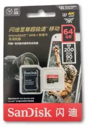 SanDisk Extreme PRO 64GB MicroSDXC UHS-1 card. 4K UHD 200MB/s R, 90MB/s W + Adap