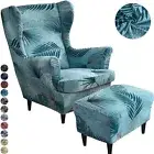 Stretch 3 Set Pcs Wing Back Chair Covers Ottoman Slipcover Storage Stool Covers
