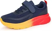 [Tobfis] Boys Girls Kids Arch Support Tennis Athletic Running Shoes Breathable Lightweight Strap Casual School Walking Sneakers(Toddler/Little Kid/Big Kid), Navy/Yellow/Red, 12 Little Kid