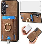 Asuwish Phone Case for S24plus 24S + S 24 24+ Wallet Cell Cover with Screen Protector Slim Ring Stand Credit Card Holder Accessories Girls Mobile Slot S24+5G S24P GS24 X24 Note 24plus Women Men Brown