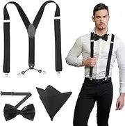 [Xerteam] Men's Braces Wide with Very Strong 4 Metal Clips, Bow Tie, Pocket Square, Men's 3.5 cm Wide Braces in Y-Shape, Elastic and Adjustable, Fits All Men and Women