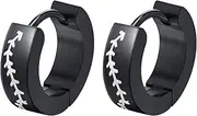 [IMINI] Black Stainless Steel Hoop Earrings for Men & Women, Hypoallergenic Cartilage Piercing Jewellery, Sporty Baseball Stitch Design, Secure Hinged Sleeper Hoops, Trendy Unisex Gift