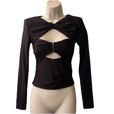 Self Portrait Ruched Cut Out Jersey Top Size 2 Fitted Slim Silhouette Black
